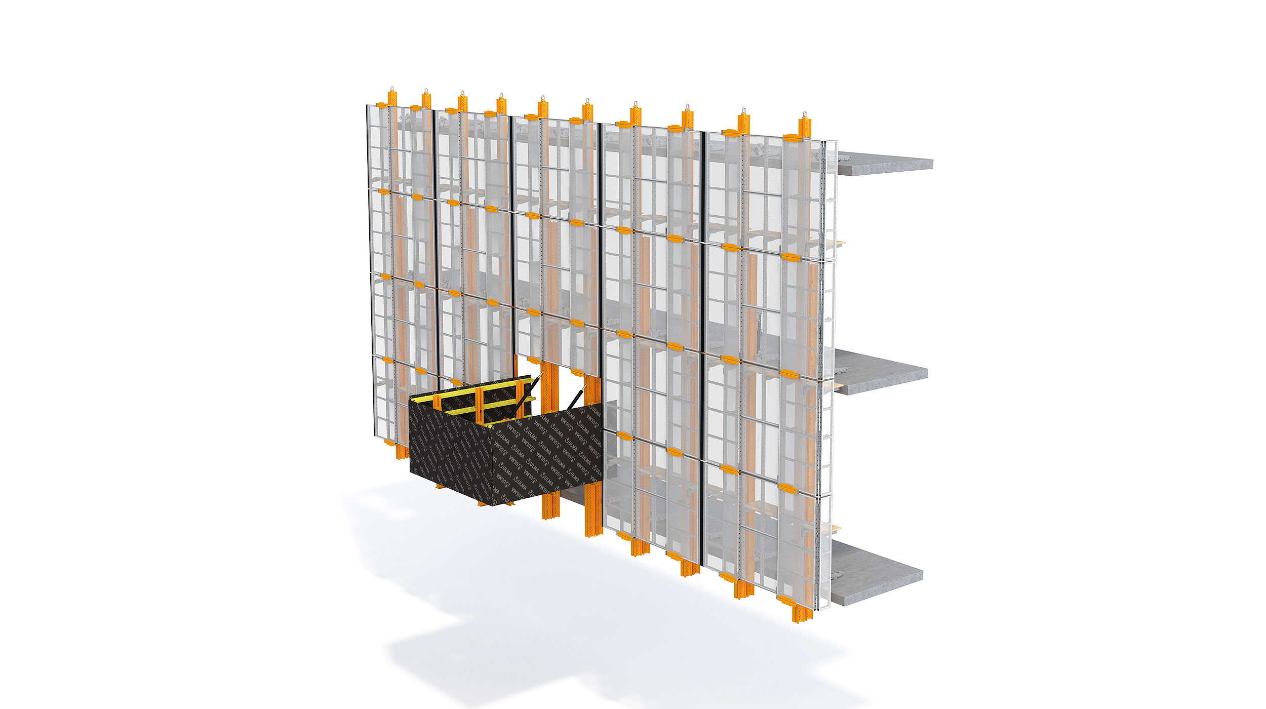 Extrémně flexibilní ochranný obvodový štít, který se přizpůsobí jakémukoliv tvaru budovy a potřebné konfiguraci. Navržený pro výškové budovy, pohyb může být zajištěn hydraulikou nebo jeřábem.