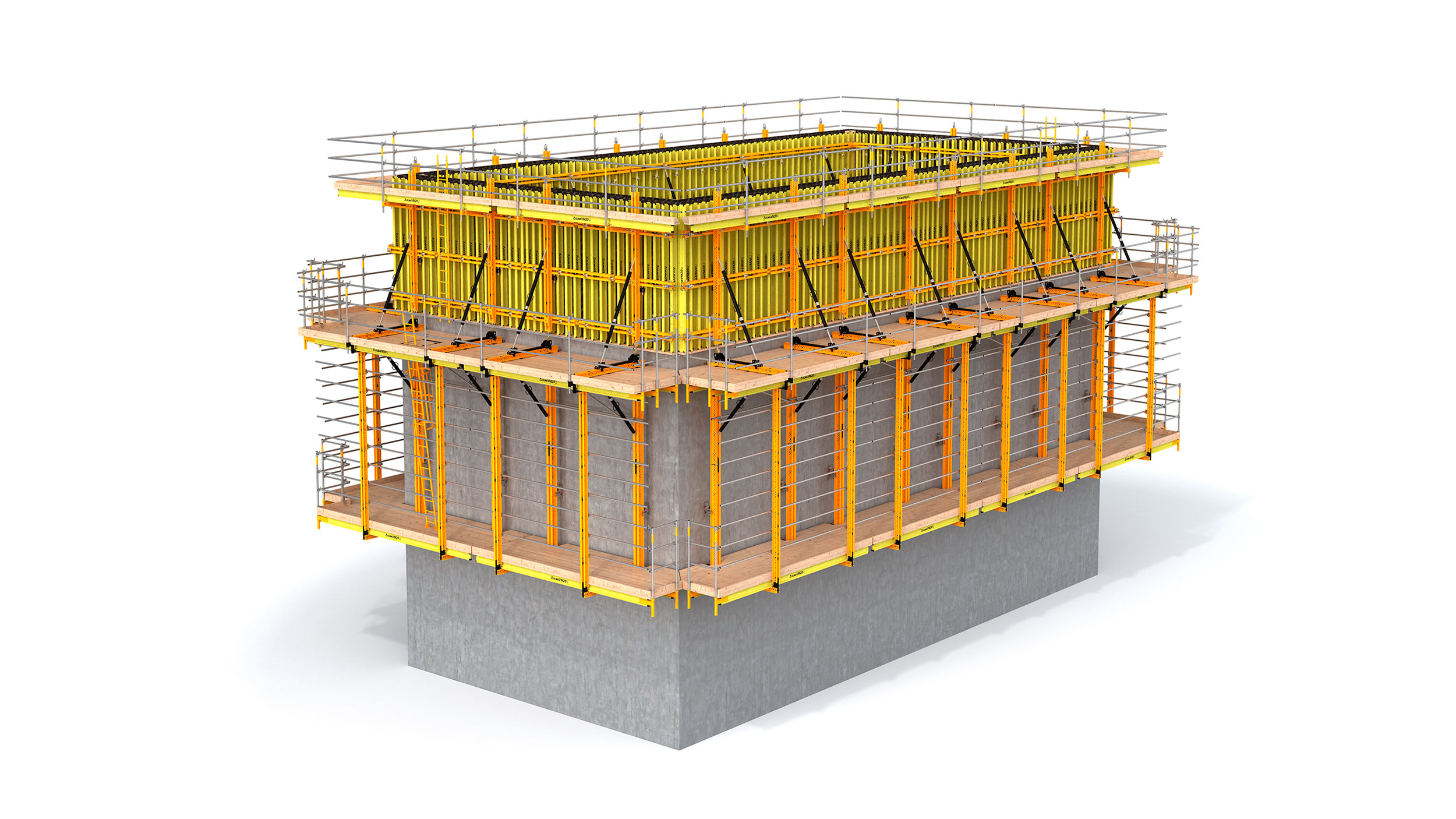 Univerzální montážní systém s vodící kolejnicí používanou při stavbě výškových budov. Optimálně navržená konstrukce s jednoduchým použitím.