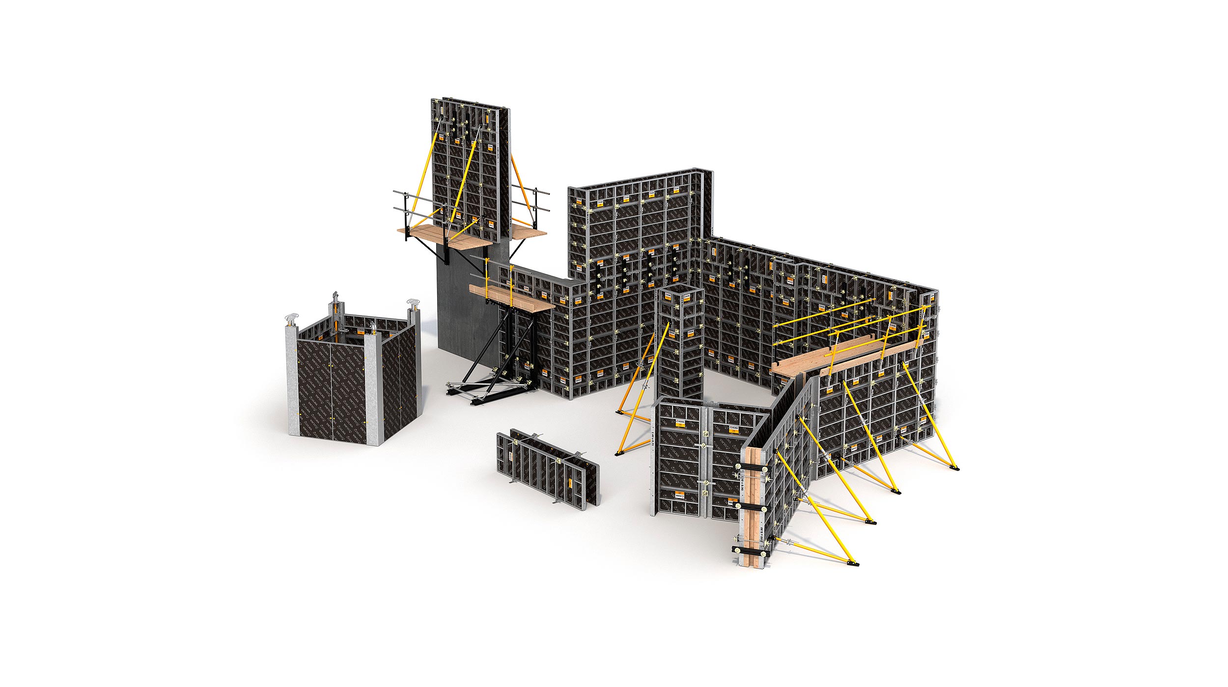 Lehké a přitom pevné stěnové a sloupové bednění s širokou škálou multifunkčních panelů. Systém pro všechny geometrické struktury. Manipulace ručně nebo jeřábem.